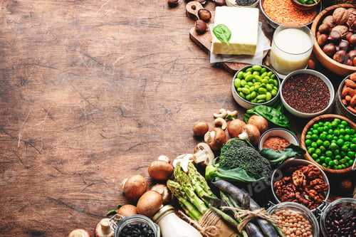 Preview: Vegan protein food background. Full set of plant based vegetarian food sources.