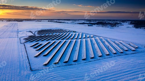 Preview: Frozen photovoltaic farm in winter, aerial view