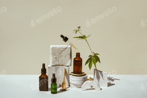 Preview: CBD oil, cannabis setting in different bottles, marijuana leaf, cannabis