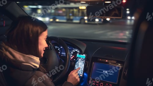 Preview: Driving a car at night, a woman driving her modern car at night in the city.