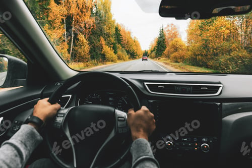 Preview: Man driving car on the country road in autumn.