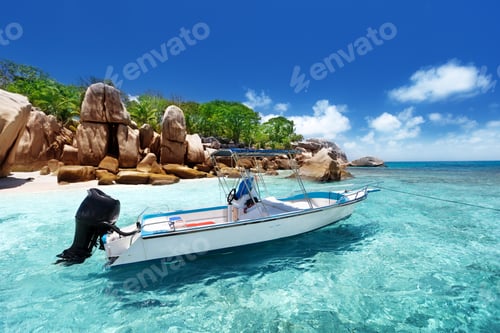 Preview: Speed Boat On The Beach Of Coco Island, Seychelles