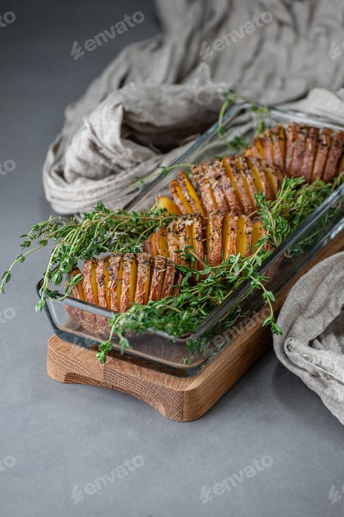 Preview: Baked potatoes with thyme in a glass container on a gray stone t