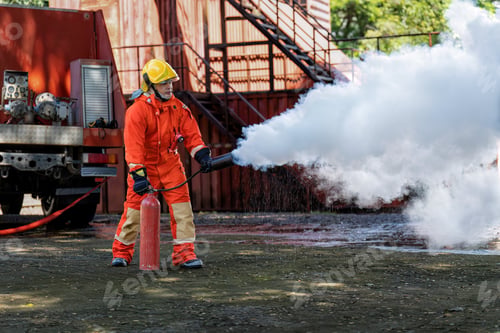 Preview: Fireman wearing fire protection suite and oxygen tank exercise hold extinguisher tank and pray