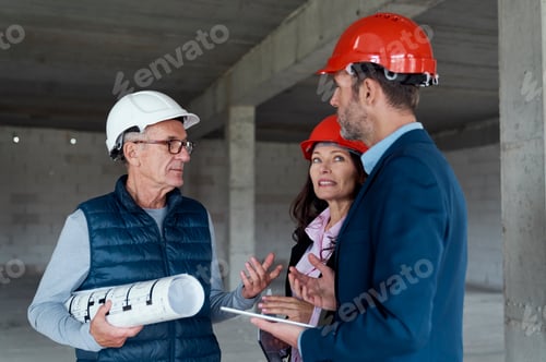 Preview: Medium shot of group of caucasian engineers and investors discussing on construction site