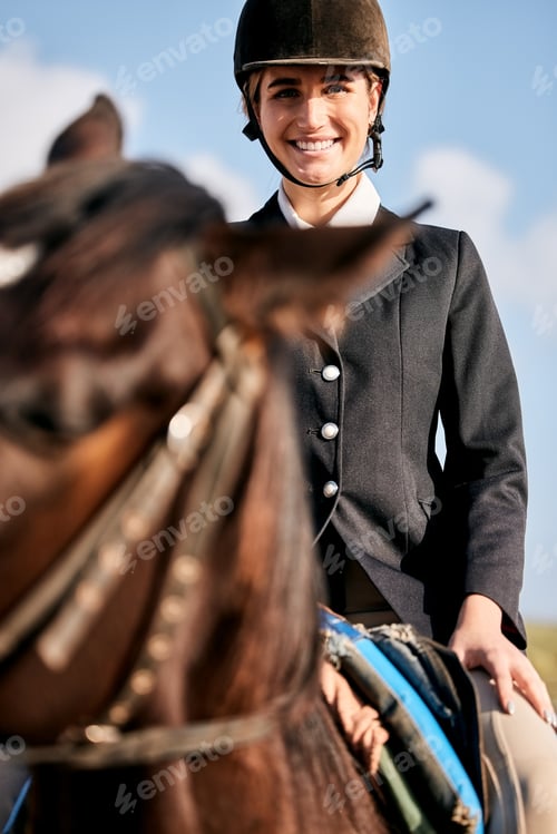 Preview: Portrait, equestrian and a woman with an animal on a ranch for sports, training or a leisure hobby.