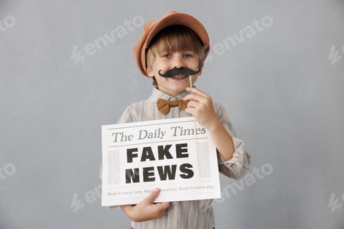 Preview: Newsboy shouting against grunge wall background. Boy selling fake news