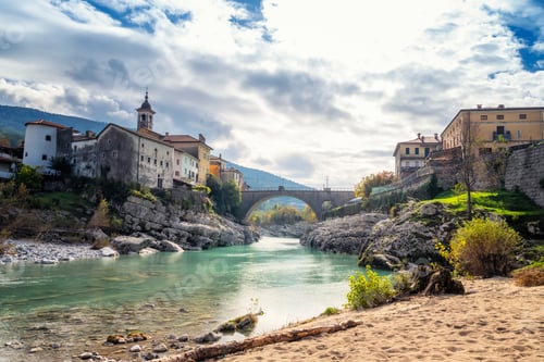 Preview: Kanal on the Soca village in Slovenia with a beautiful arch bridge