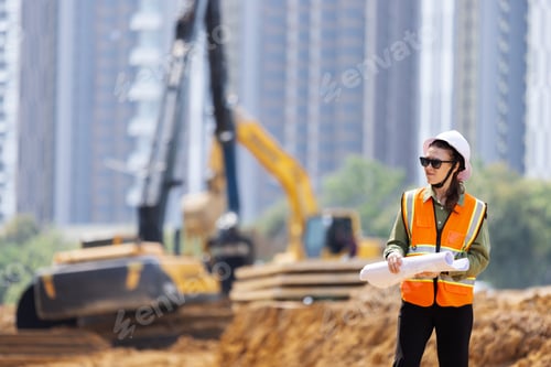 Preview: A female engineer in a safety vest and hard hat examines blueprints at a construction site.