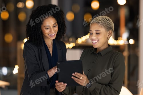 Preview: Tablet, black woman and social media manager at a digital marketing agency coworking on a branding
