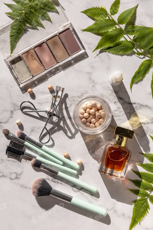 Preview: Makeup flat lay. Decorative cosmetics and makeup brushes