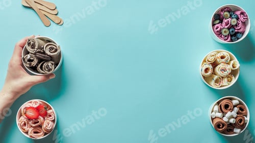 Preview: rolled ice creams in cone cups on blue background