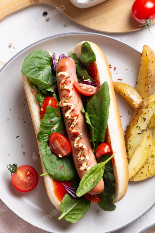 Preview: Gourmet Hotdog with Fresh Vegetables and Baked Potatoes