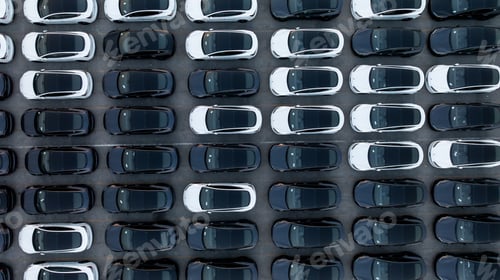 Preview: Aerial view car for sale stock lot row, Cars dealership inventory distribution.