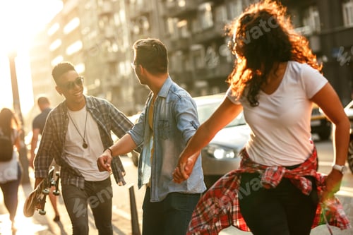 Preview: Group of friends hangout at the city street.