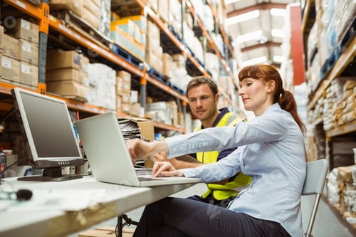Preview: Warehouse Worker And Manager Looking At Laptop In A Large Warehouse