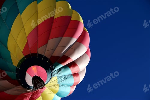 Preview: Minimalist image of colorful hot air balloon against a clear blue sky.