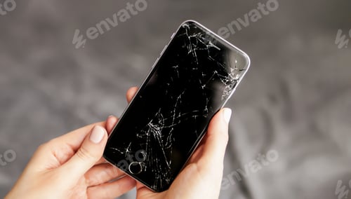 Preview: Hands hold damaged mobile phone with a broken screen cracked glass