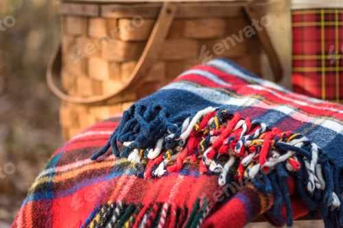 Preview: Cozy plaid wool blanket and picnic basket