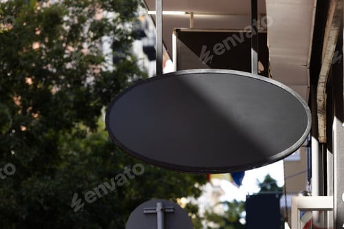 Preview: Blank sign hanging from building ceiling with copy space