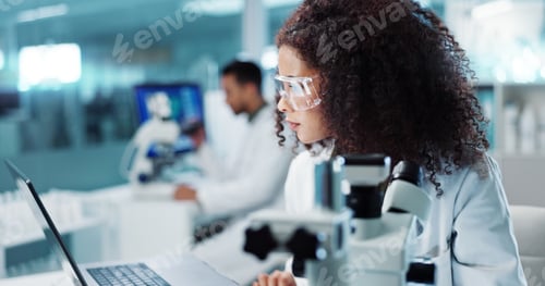 Preview: Laptop, woman or scientist with microscope or research in lab for chemistry report or medical test