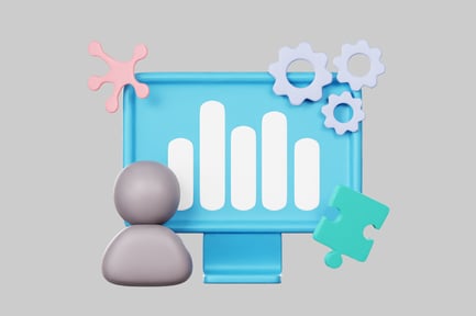 Visualização: Monitor com gráfico de barras, engrenagens, peça do quebra-cabeça e respingos