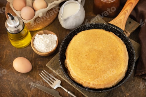 Preview: Delicious homemade crepes or pancakes in a frying pan and ingredients on a rustic table.