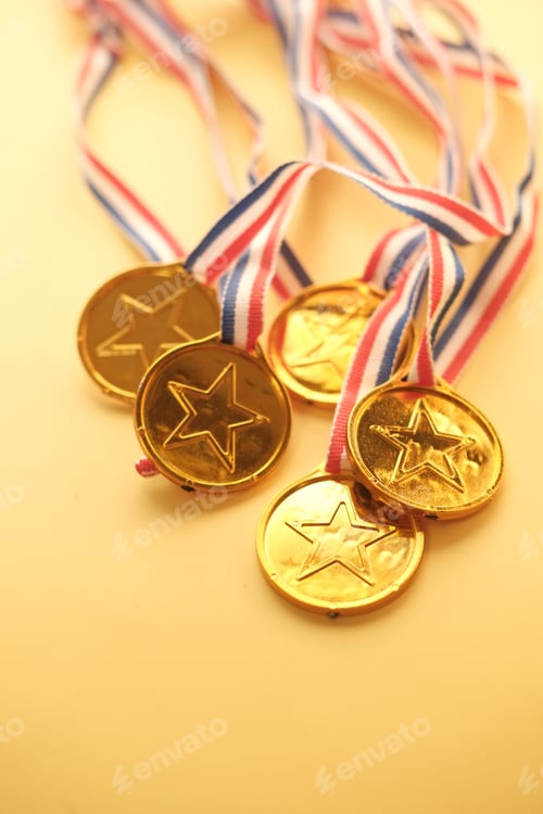 Preview: Customer review concept. Rating golden stars on blue background