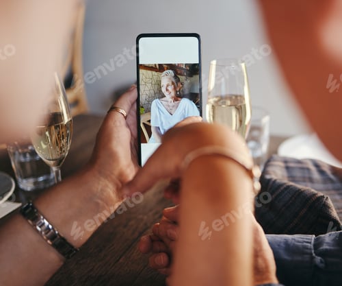 Preview: Phone, image and vacation memories with senior couple drinking champagne sitting at table at restau