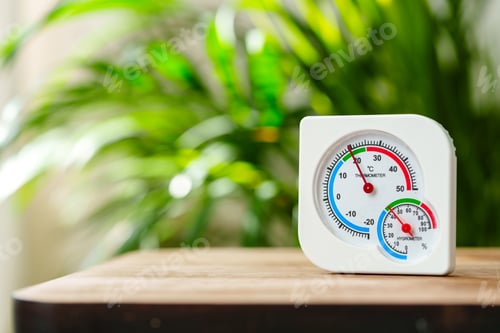 Preview: White Thermometer and Hygrometer on Wooden Surface With Green Plant Background
