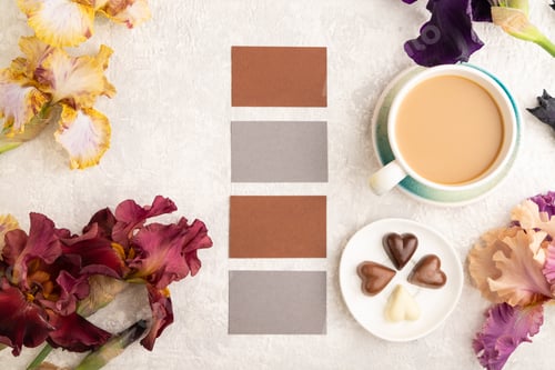 Preview: Set of gray and brown business cards with cup of cioffee, chocolate candies