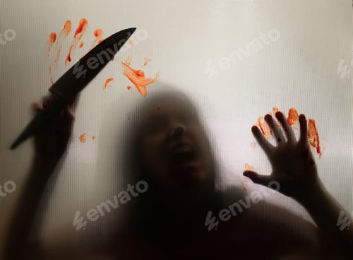 Preview: Woman killer with a knife in her hand and blood. Creepy background