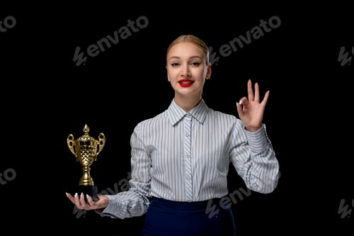 Preview: Business woman blonde cute girl showing ok sign with trophy wearing red lipstick in office costume