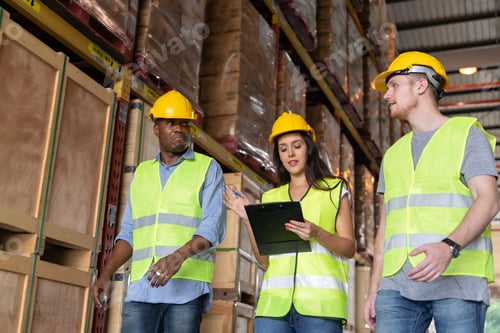 Preview: Three male and female warehouse workers are working in a warehouse.
