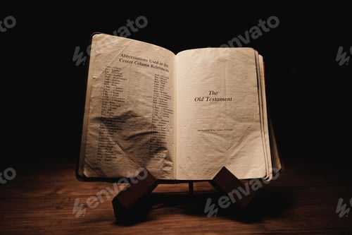 Preview: Open bible placed on a wooden book stand with a dark background.