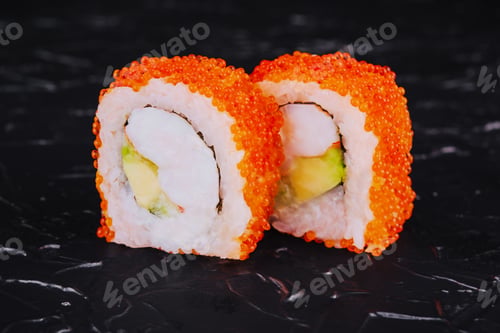 Preview: Sushi roll with shrimp, avocado cheese and tobiko caviar