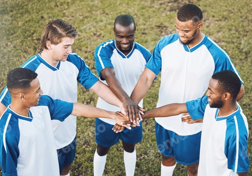 Preview: Soccer, team and hands of men in support of sports, collaboration and game strategy at a field. Foo