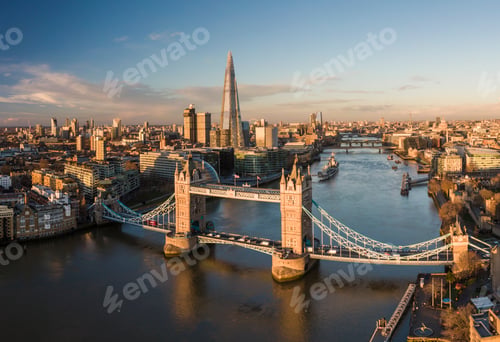 Preview: UK, London, Aerial view of Tower Bridge over River Thames at sunset