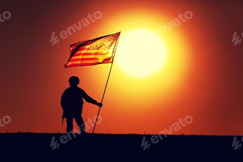 Preview: USA army soldier with flag on sunset background