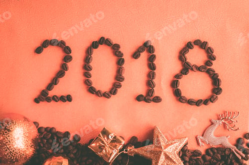 Preview: 2018 Coffee Bean Text And Christmas Decorations On Craft Paper In Vintage Style For New Year Concept