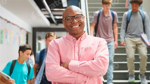 Preview: Portrait Of Male High School Teacher Standing By Stairs In Busy College Building