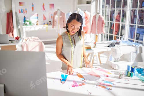 Preview: Fashion designer, drawing and asian woman, creative sketch of clothes and industrial tailor manufac