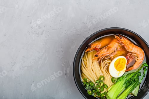 Ramen Noodle Bowl with Shrimp, Egg, and Vegetables