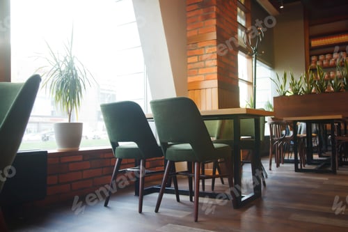 Preview: Modern cozy interior of restaurant in loft style with green plants