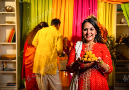 Preview: Holding laddu thali with smile, girl invites to join Ganesh puja as family decorates in background