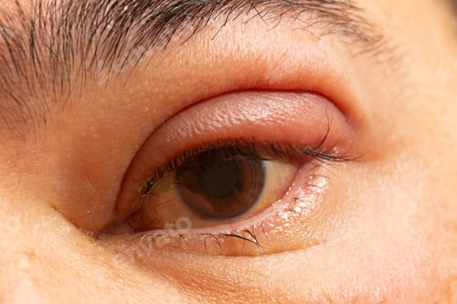 Preview: Inflamed eye with infected stye, upper eyelid, ophthalmic medicine.