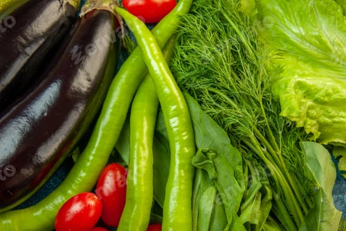 Preview: top view vegetables cherry tomatoes dill lettuce aubergines