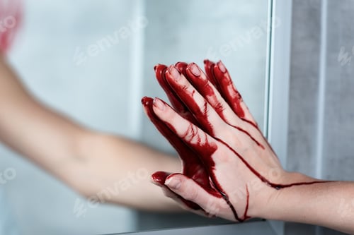 Preview: partial view of woman with bleeding hand touching mirror in bathroom