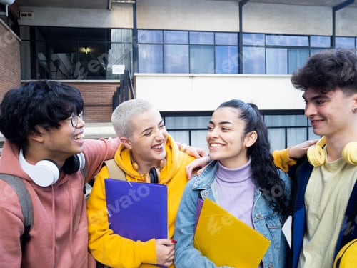 Preview: Group of happy college students on campus. funny college students