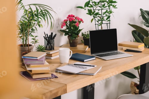 Preview: laptop on wooden table with potted plants in office